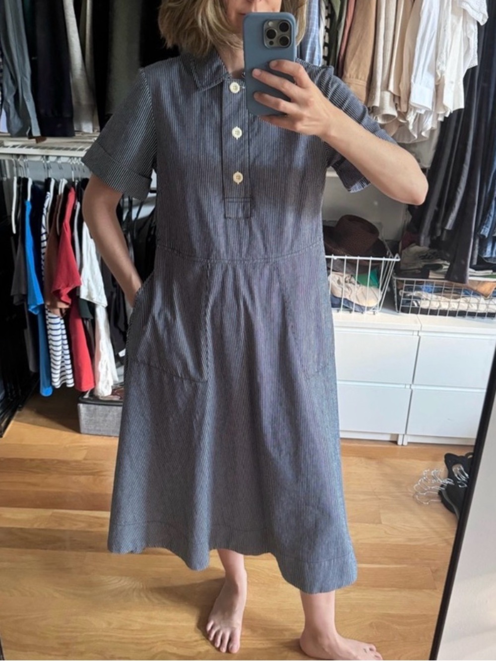 TOAST Denim Pinstripe Short-Sleeve A-line Shirt Dress